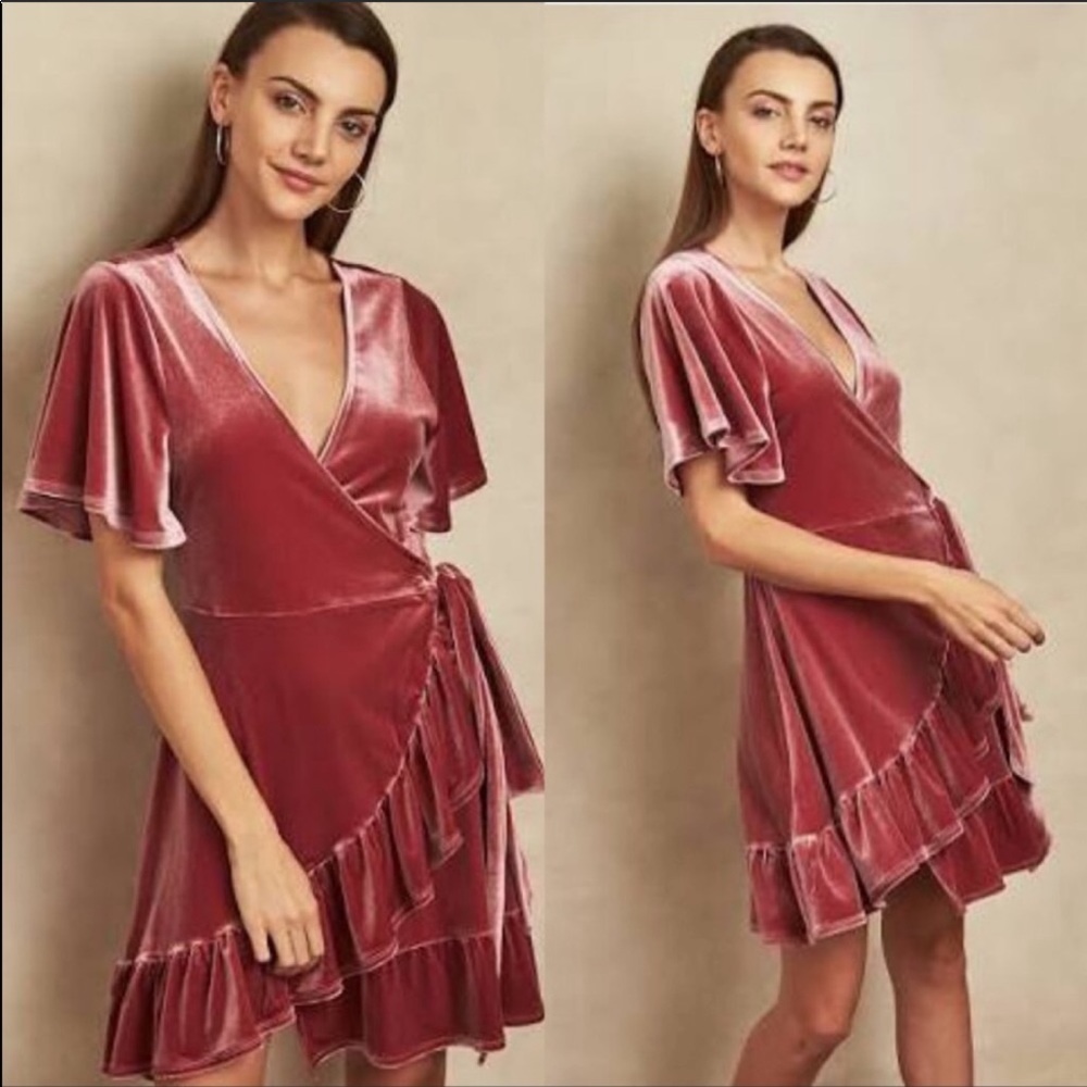 Pink Velvet Ruffle Flutter Wrap Dress - Picture 2 of 6